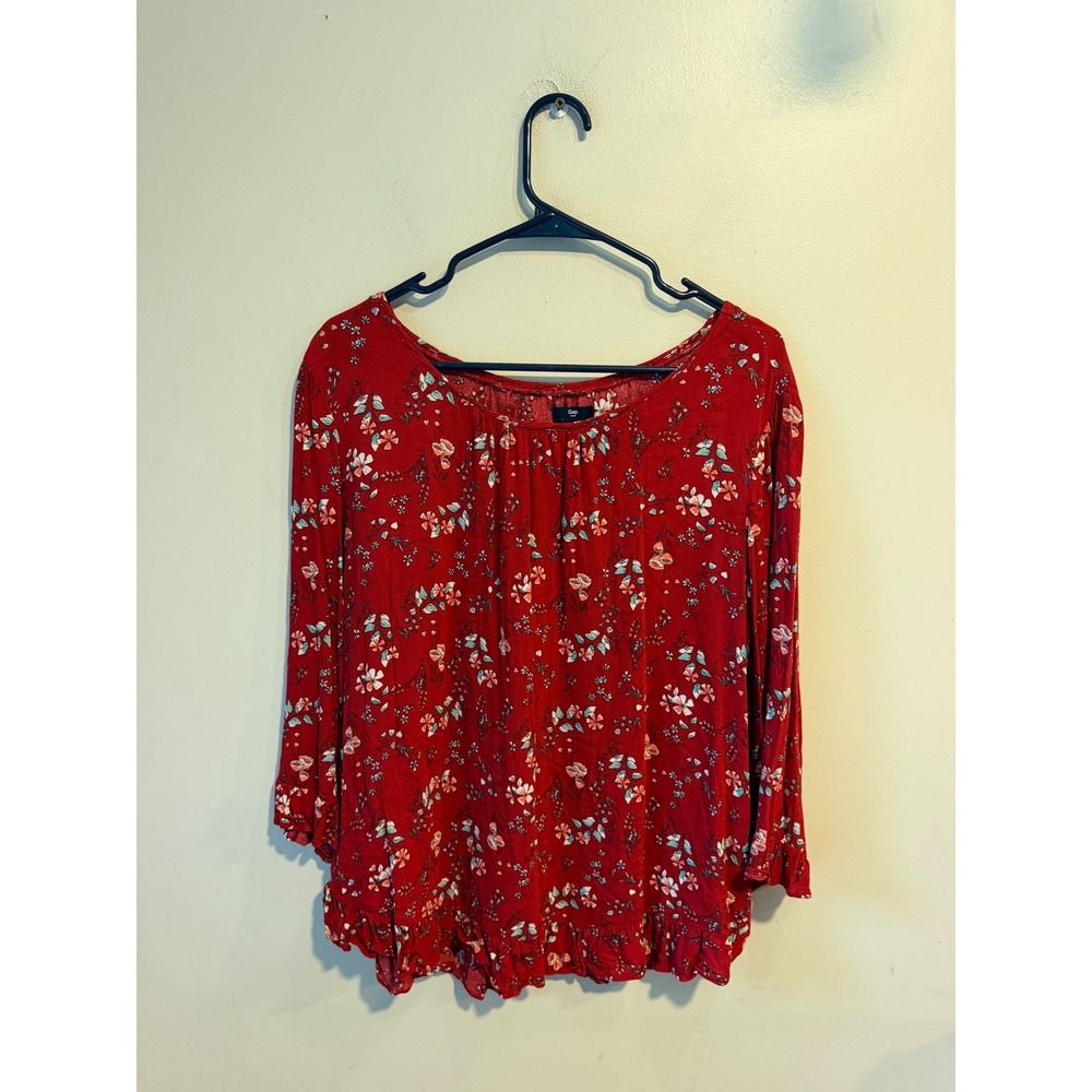 Gap Red Floral Ruffle Hem 3/4 Sleeve Blouse Top Large